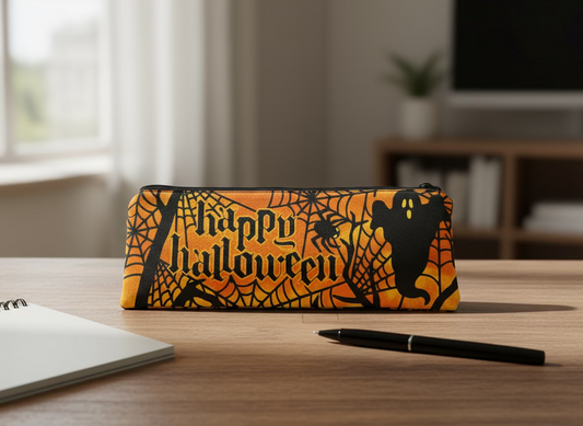 Halloween-themed decorative item with 'Happy Halloween' text on an orange and black background.
