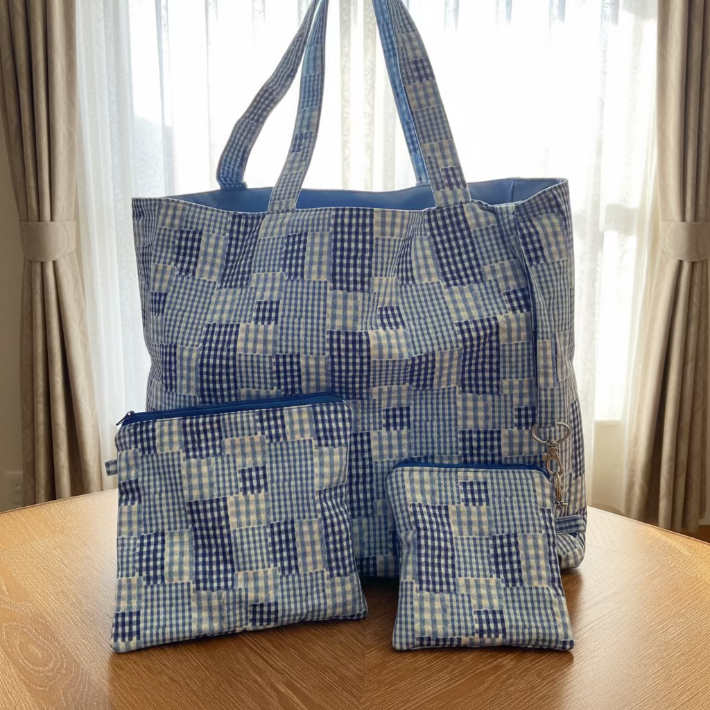 Blue Checkered Market Tote Set