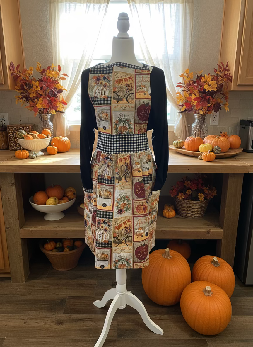 Mannequin wearing a patterned apron against a plain background