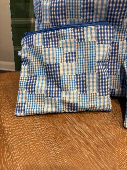 Blue Checkered Market Tote Set