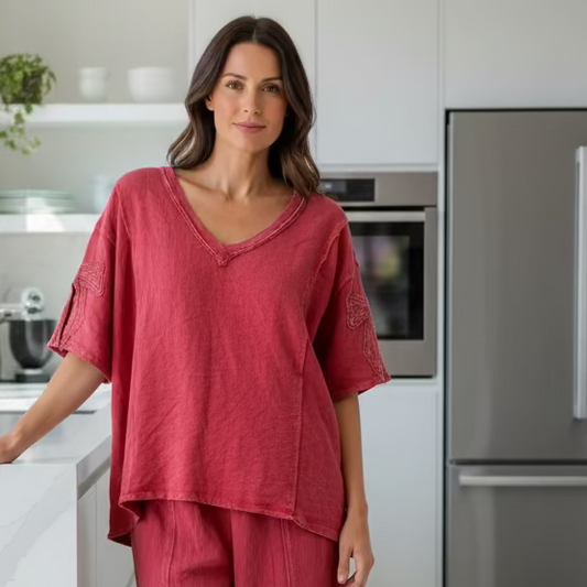 Red Two-Piece Set with Bow Detailing